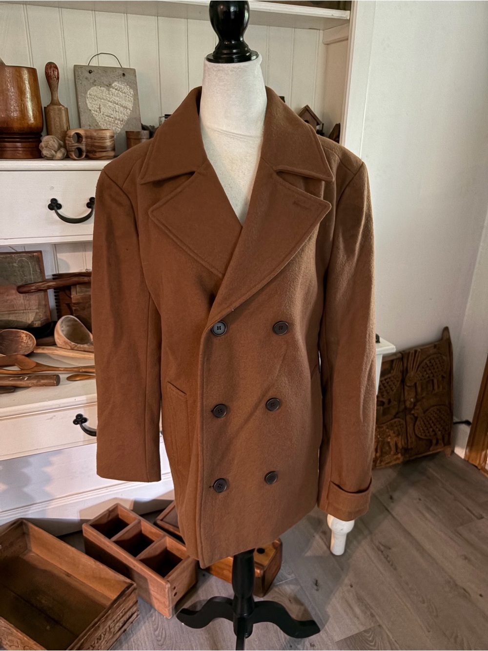 Topman Brown Double-Breasted Wool Peacoat